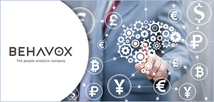 Illustration showing a man in the background with gears and symbols representing currencies and Behavox logo accompanied by a text indicating 