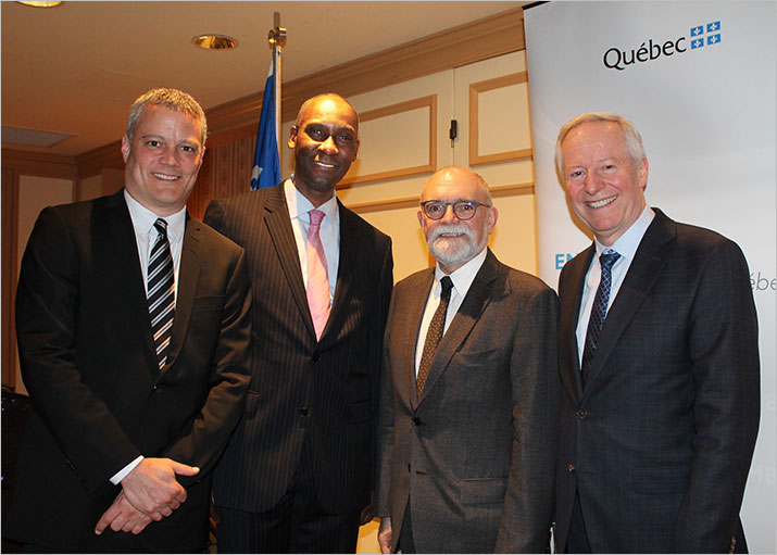From left to right: Amyot Choquette, Senior Director, Investments – Mining, Oil and Gas; Iya Touré, Vice-President, Ressources Québec; Robert Sauvé, President and CEO of Société du Plan Nord, and Robert Keating, Deputy Minister of Energy and Natural Resources.