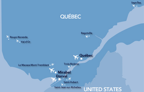 A map showing the locations of Québec’s airports