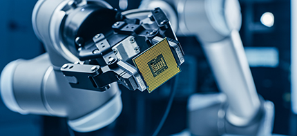 Photo of a robot holding a microchip in its gripper