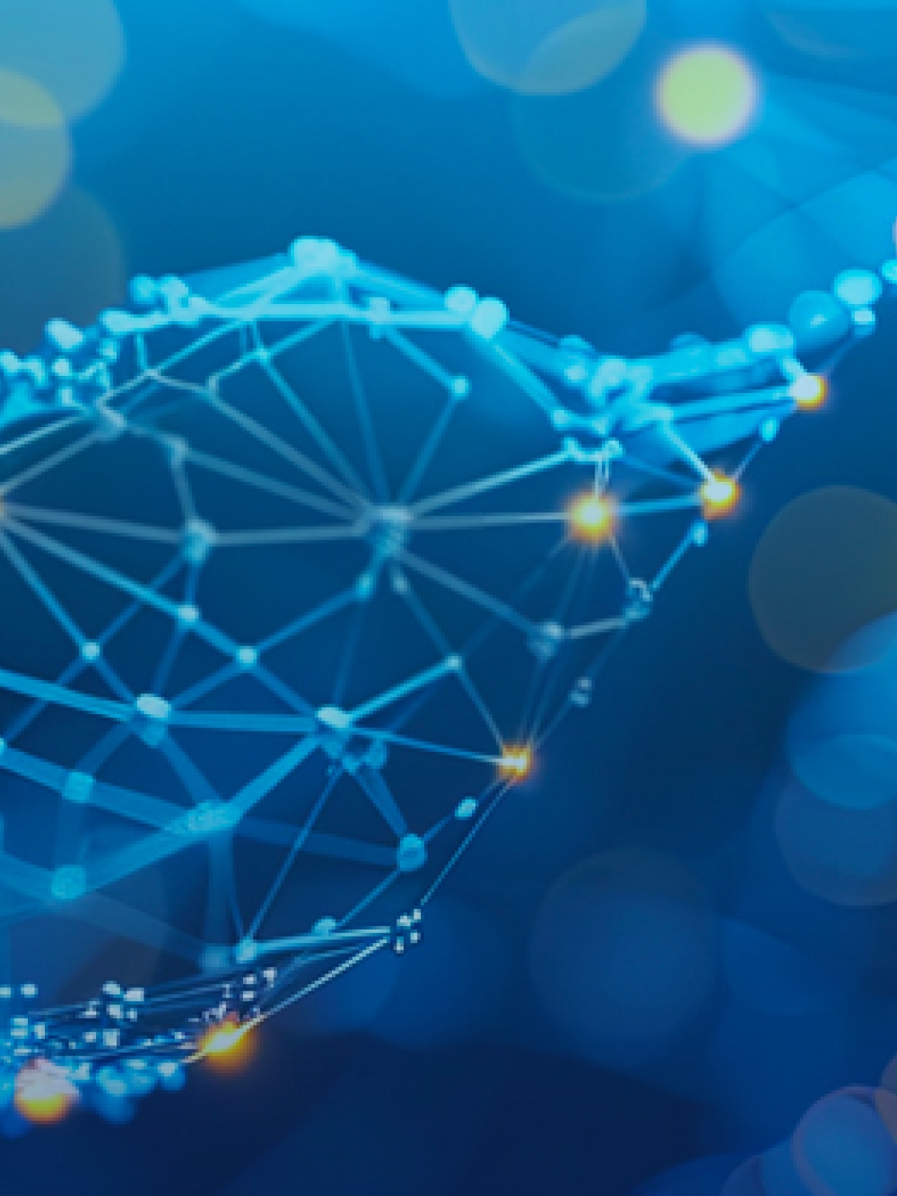 Illustration stylisée d’une structure en forme d’ADN composée de points et de lignes interconnectés, sur un fond bleu avec des effets lumineux et des bokeh circulaires.